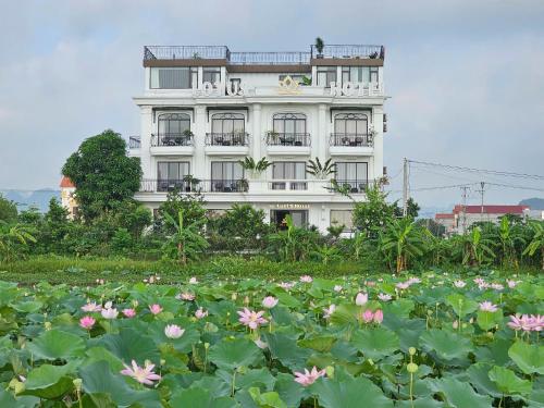 a white building with a lot of flowers in front of it at Lotus Hotel Ninh Bình in Ninh Binh