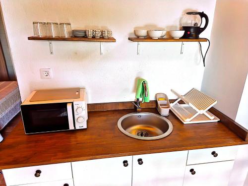 a kitchen counter with a sink and a microwave at Casa Isabella in Xàtiva