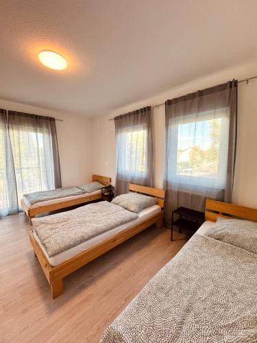 een slaapkamer met drie bedden en twee ramen bij Dornfelder 2 in Hanhofen