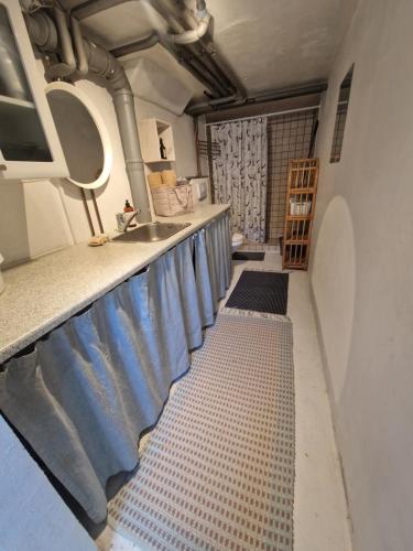 a kitchen with a sink and a counter top at Mælkevejens bnb in Skødstrup