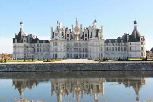 a castle with its reflection in a body of water at ENTRE LOIRE ET CHER Grand Gîte "Côté Tilleul" in Tour-en-Sologne