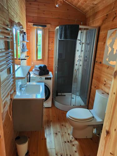 a bathroom with a toilet and a shower in a cabin at Le cottage des rives de l'Aa labélisé 3 étoiles in Bourbourg