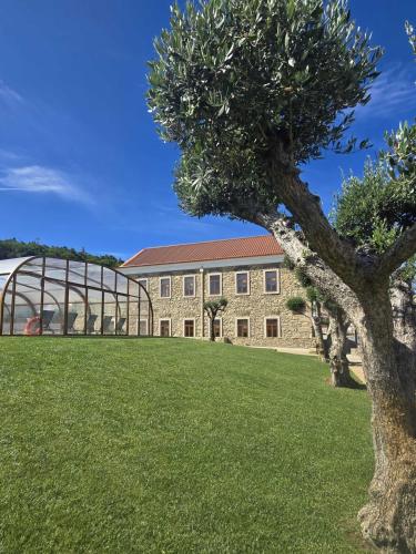 a tree in front of a brick building at Palacium Charming Suites in Figueiró dos Vinhos