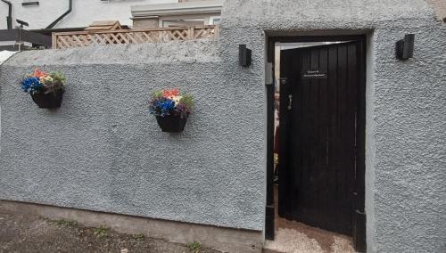 two potted plants on the side of a building with a door at Birchwood Apartment in Llandudno