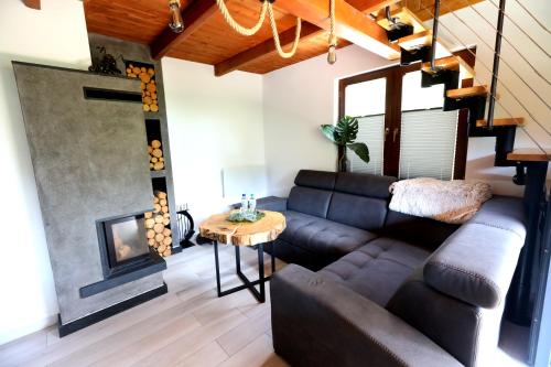 a living room with a couch and a fireplace at Gorczańska Przystań in Zasadne