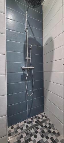 a shower in a bathroom with a blue wall at appartement plein centre ville in Dole