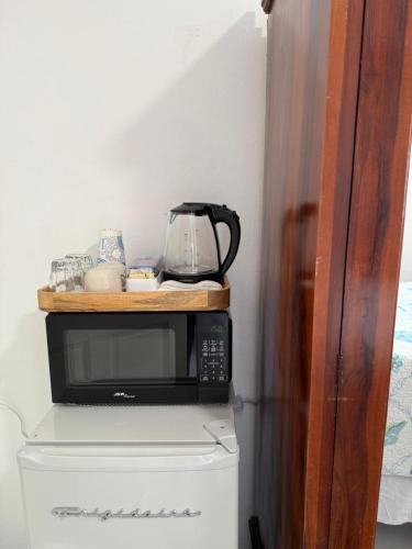 a black microwave sitting on top of a refrigerator at Madgita Palm Villa in Port Antonio