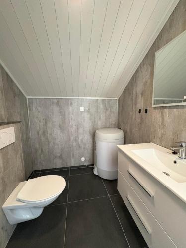 a bathroom with a toilet and a sink at Finnvika Panorama, Stamsund - Lofoten in Stamsund