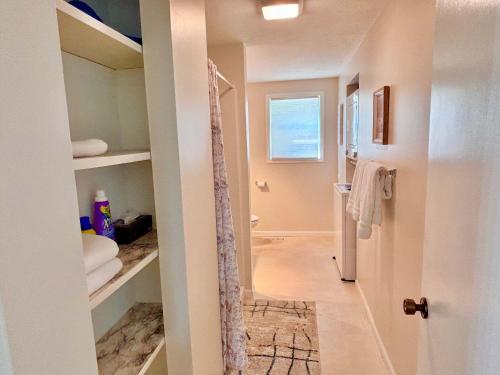 a bathroom with a walk in shower next to a door at Cozy Main Level Torch Lake Stay with Private Entry & Fire Pit in Rapid City