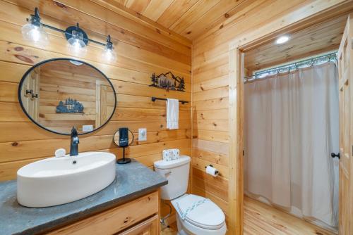 a bathroom with a toilet and a sink and a mirror at Pine Ridge Retreat in Beech Mountain