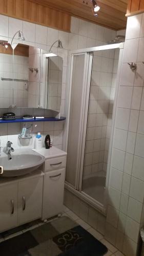 a white bathroom with a shower and a sink at HomeStay Sandra in Hockenheim