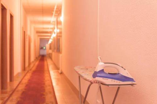 a blue and white iron on a table in a hallway at Andron Hotel on Ilyicha Square in Moscow