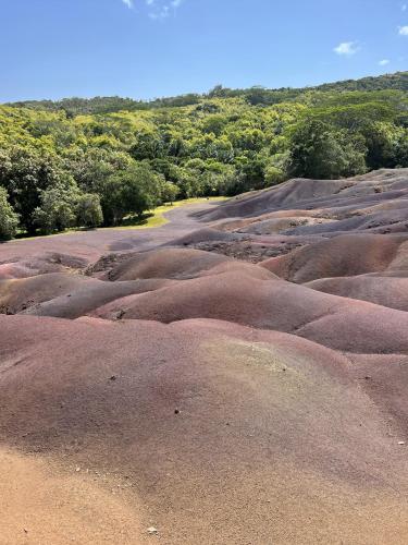 a group of eroded hills with trees in the background at Searenity Villas in Rivière Noire