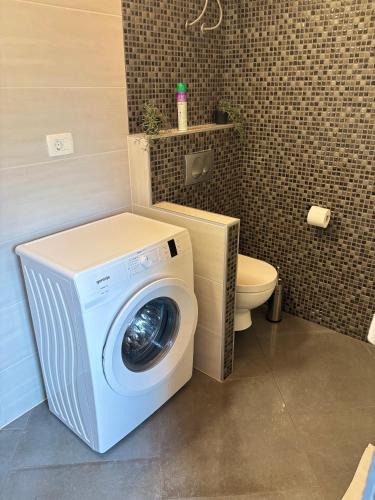a washing machine in a bathroom with a toilet at Villa Silver Novigrad with private pool in Novigrad Istria