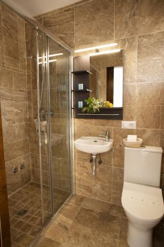 a bathroom with a toilet and a sink and a shower at LA POSADA DE LA MUELA in Algodonales