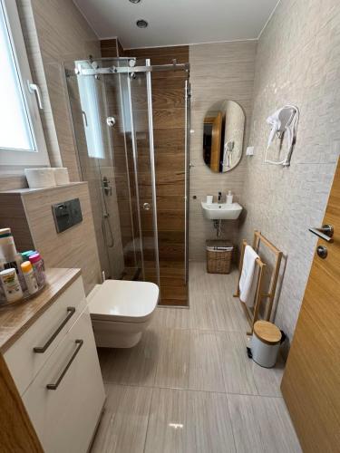 a bathroom with a shower and a toilet and a sink at WOLF apartman in Divčibare