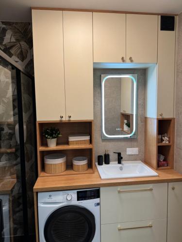 a kitchen with a washing machine and a sink at Apartament Virgo in Międzyzdroje