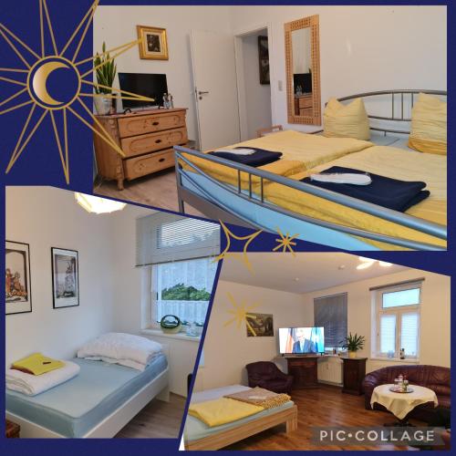 a collage of three pictures of a bedroom with a bed and a room with at Gambrinus Schneeberg in Schneeberg