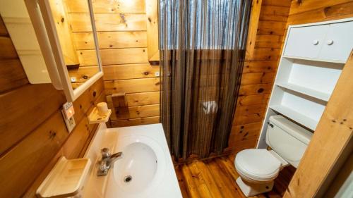 a small bathroom with a toilet and a sink at Muskoka Lakeview Cottage - Pier 100 #40 in Port Carling