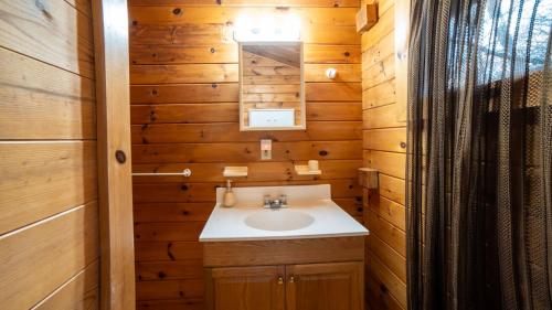 a bathroom with a sink and a mirror at Muskoka Lakeview Cottage - Pier 100 #40 in Port Carling