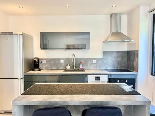 a kitchen with a sink and a refrigerator at Charmant T2 Sallanches in Sallanches