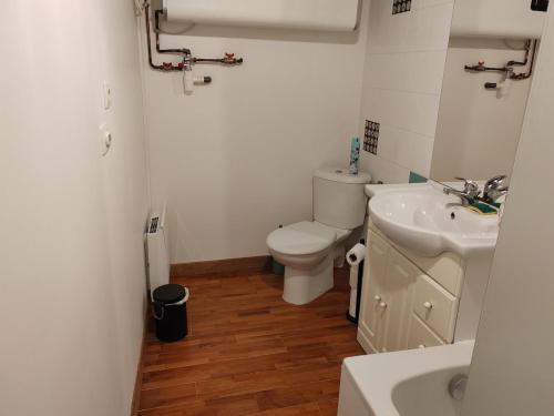 a white bathroom with a toilet and a sink at Maison de ville spacieuse in Dammartin-en-Goële
