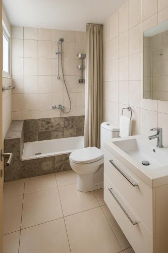 a bathroom with a toilet and a shower and a sink at Maison Amalthea in Limassol