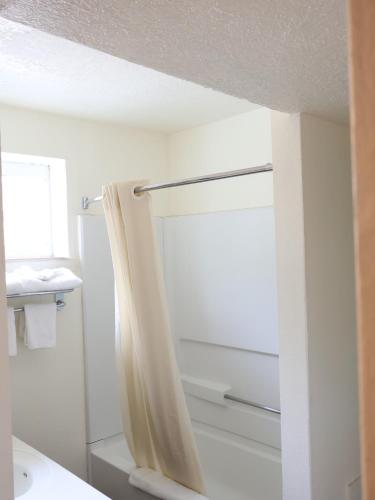 a bathroom with a shower with a shower curtain at Downtown Inn in Albuquerque