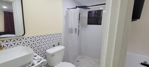 a white bathroom with a toilet and a shower at Down Town in Saint Georgeʼs