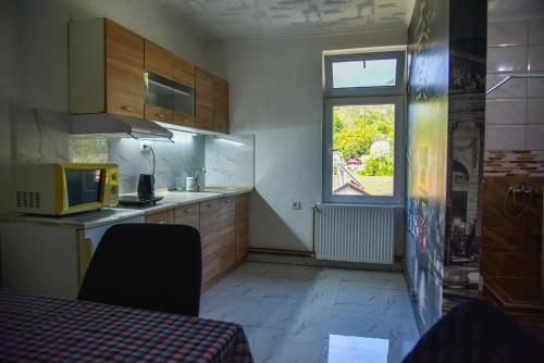 a kitchen with wooden cabinets and a window in it at Apartman Sanja in Džavarci