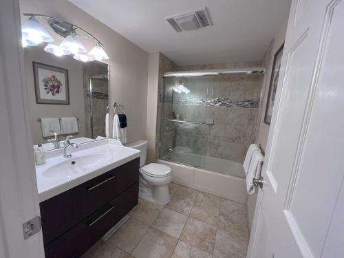a bathroom with a sink and a toilet and a shower at Smuggler Mine - Pet-friendly family ski condo! in Telluride
