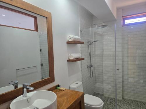 a bathroom with a shower and a sink and a toilet at PUNTA VELEROS ROOFTOP in Los Órganos