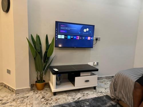 a tv hanging on a wall in a bedroom at OB DELUXE Apartments 2 in Accra