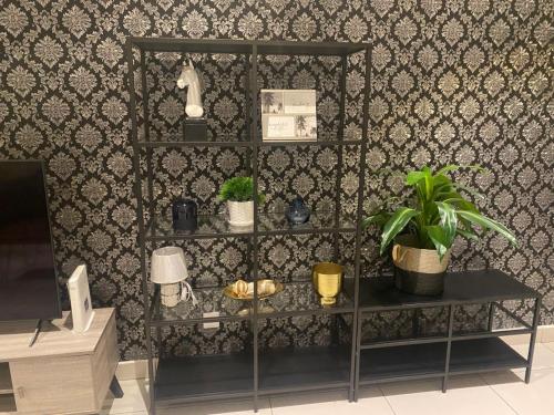a shelf with potted plants on a wall at Embassy Onebedroom by Unique Abodes in Accra