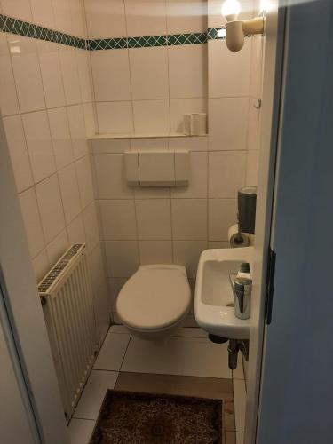 a small bathroom with a toilet and a sink at Wohnen auf Zeit HF in Herford