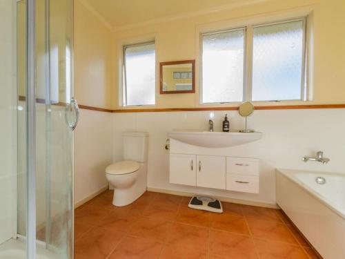 a bathroom with a toilet and a sink and a shower at Raetihi Garden Spa Villa in Raetihi