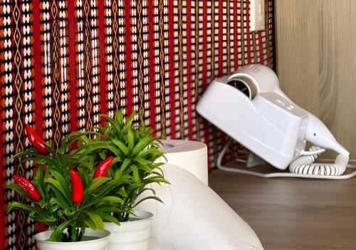 a hair dryer sitting on a table next to plants at Redsand Valley Retreat in Disah