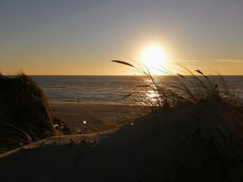 a sunset on a beach with the ocean and grass at 6 person holiday home in Ringkøbing-By Traum in Ringkøbing