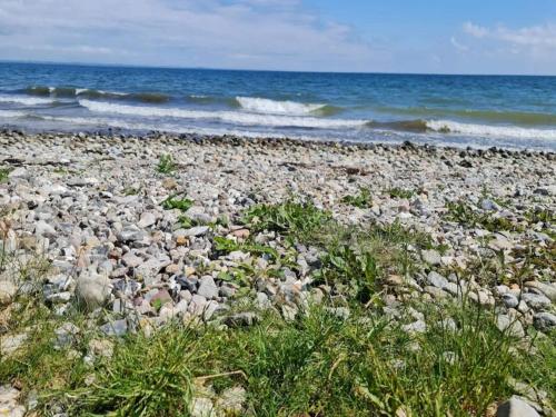 a rocky beach with the ocean in the background at 4 person holiday home in Haderslev in Haderslev