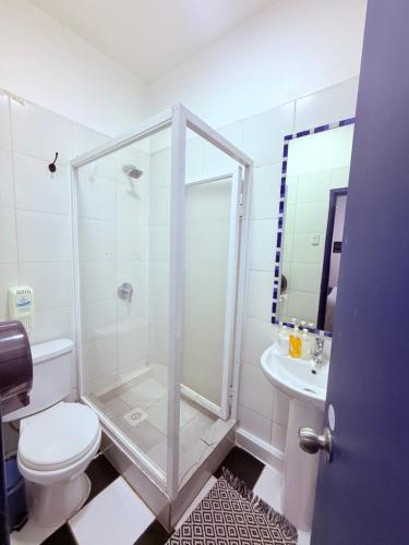 a bathroom with a shower and a toilet and a sink at MAKTVB Europa - Hostal Boutique in Santiago