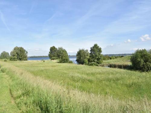 a field of grass with a river in the background at Poldergeluk in Ooltgensplaat