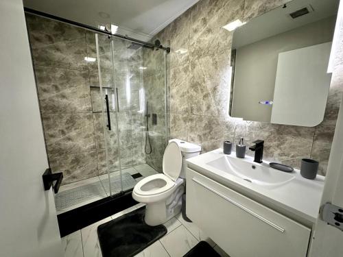 ein Badezimmer mit Toilette, Dusche und Waschbecken in der Unterkunft Private Entrance Cozy Apt Bright Modern in Albany