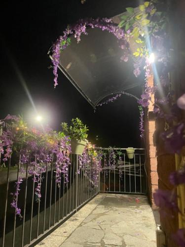 a fence with purple flowers on it at night at SABRINA MAISON CHIC AFFITTA CAMERE Camogli & Portofino in Camogli