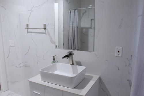 2 BEDROOM 1 BATH TRENDY Apt Downtown Albany في ألباني: حمام أبيض مع حوض ومرآة