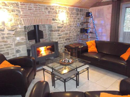 a living room with a couch and a fireplace at Maison indépendante avec grand parc arboré, proche de la nature et des lacs - FR-1-611-18 in Fayl-Billot