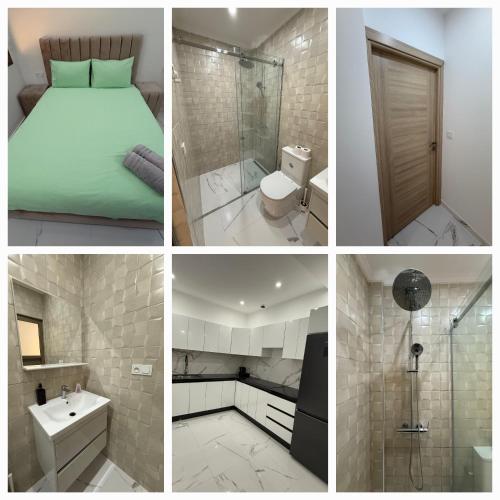 a collage of four pictures of a bedroom and bathroom at Nour DAsilah 8 in Asilah