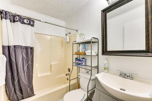 a bathroom with a sink and a toilet and a mirror at The Homestead Apartments- Walk to SFA Campus, Comfy, Children & Pet-Friendly Nacogdoches Condo in Nacogdoches