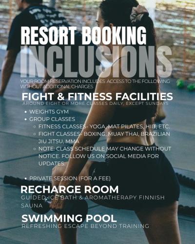 a flyer for a resort booking activations event and fitness facilities at Asgard Resort & MMA Gym in General Luna