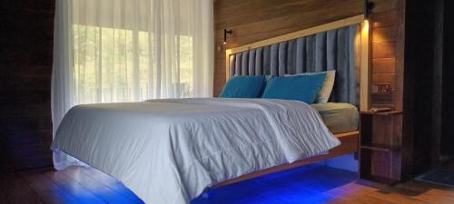 a bedroom with a large bed with blue pillows at The Bridge Viwe Cabin in Norton Bridge