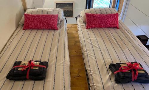 two beds in a room with two bags on them at Peonia Riviera d'Orta in Gozzano